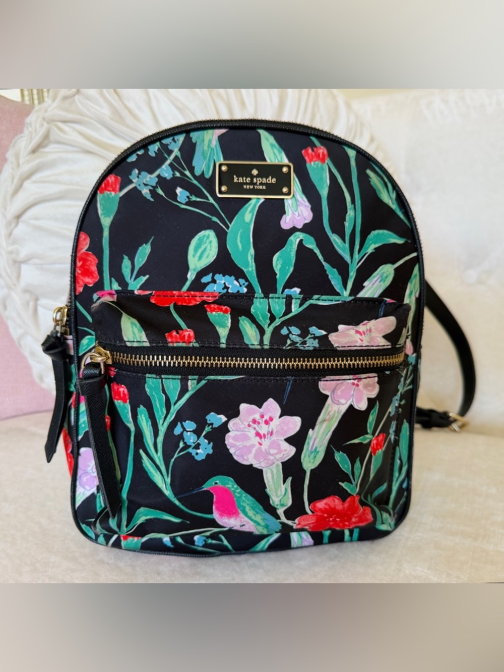Kate Spade Small Wilson Road Bradley Backpack Purse Hummingbird Black Floral